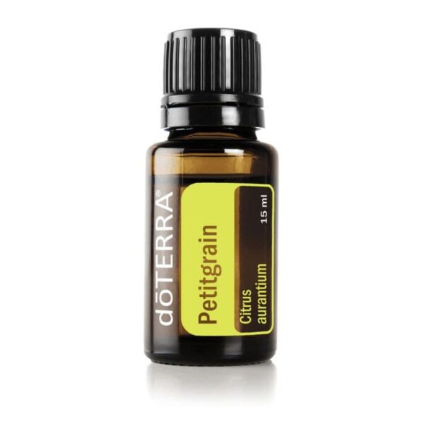 white background with image of bottle of doTERRA Petitgrain essential oil