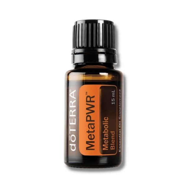 white background with bottle of doterra metapwr essential oil