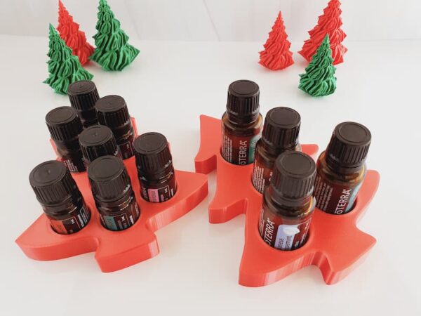 white background with images of red Christmas tree essential oil storage shelf
