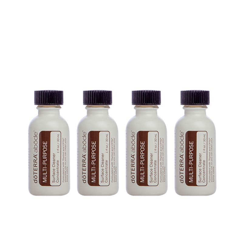 white background with image of 4 pack of doterra abode multi purpose cleaner concentrate