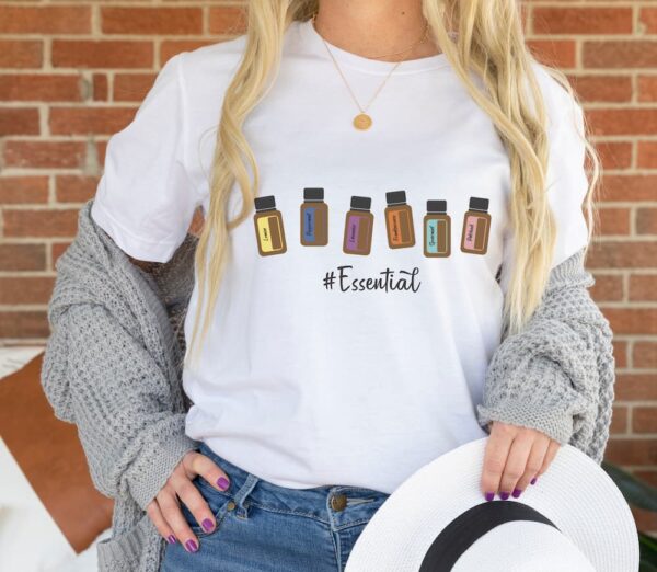 woman modeling essential oil bottle tshirt