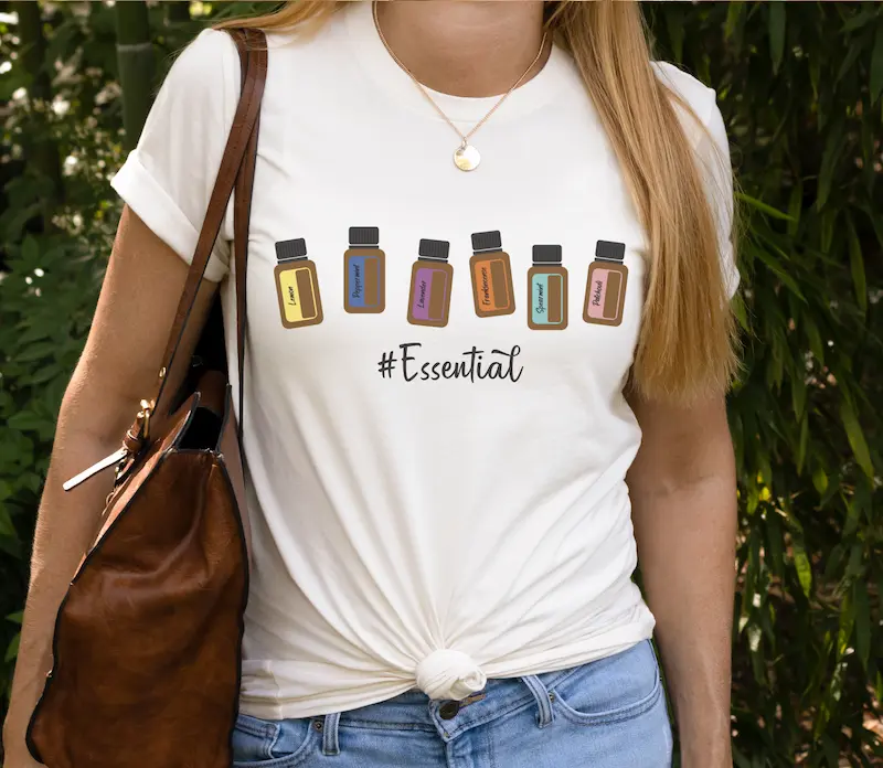 essential oil bottle tshirt mockup natural woman modeling doterra essential oil bottle tee in natural color