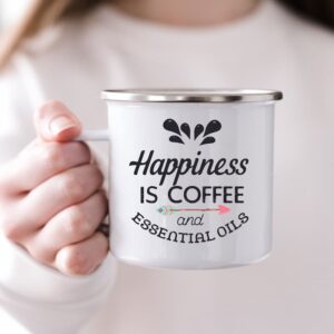 woman holding enamel camp mug with Happiness is Coffee and Essential Oils