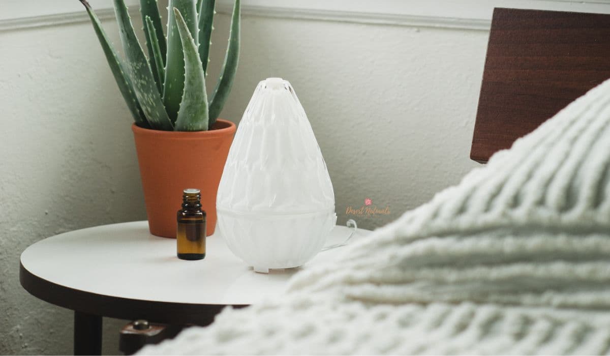 Diffuser and Essential Oil on nightstand next to bed for sleep