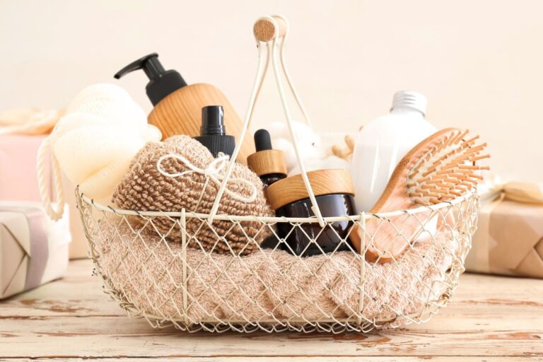 a wire basket filled with diy self care gift items