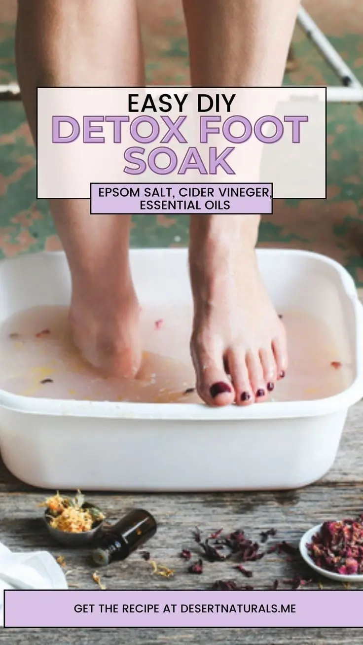 woman's feet in a tub with text how to make a detox foot soak