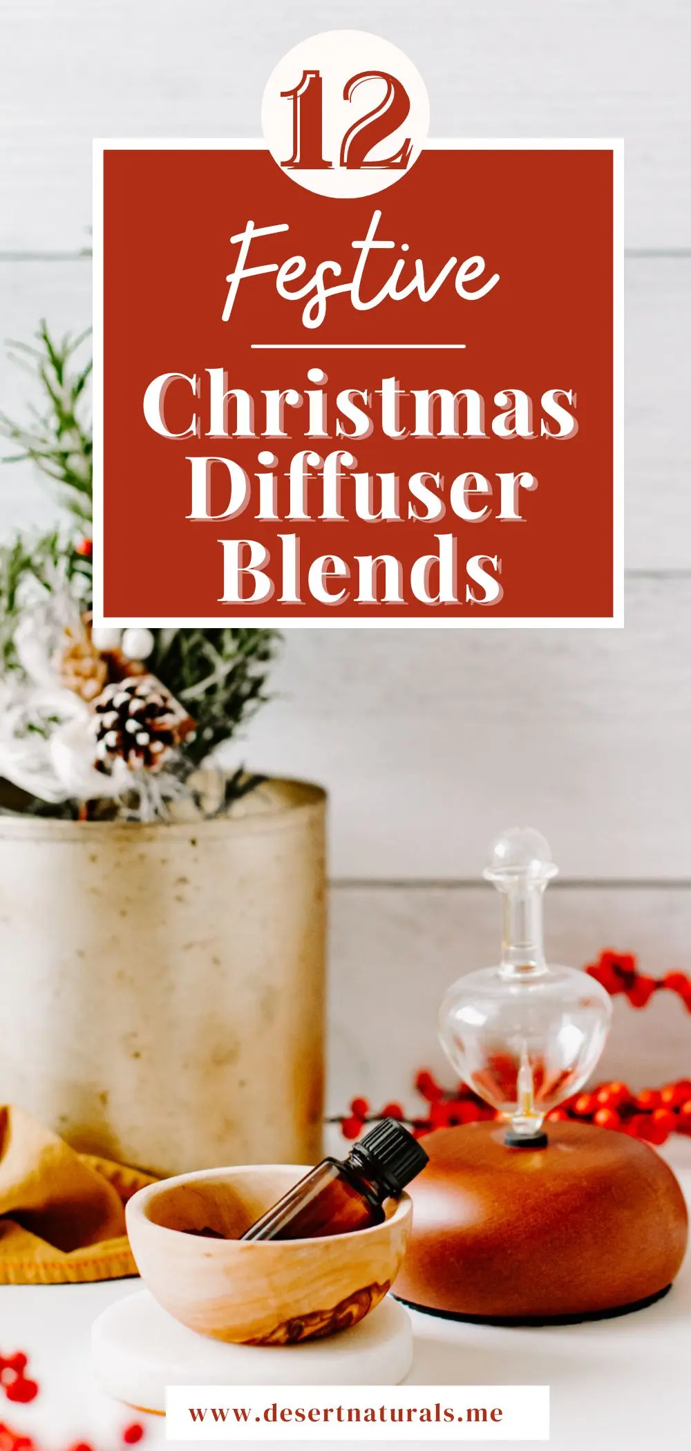 photo of small Christmas tree, essential oil bottle and diffuser