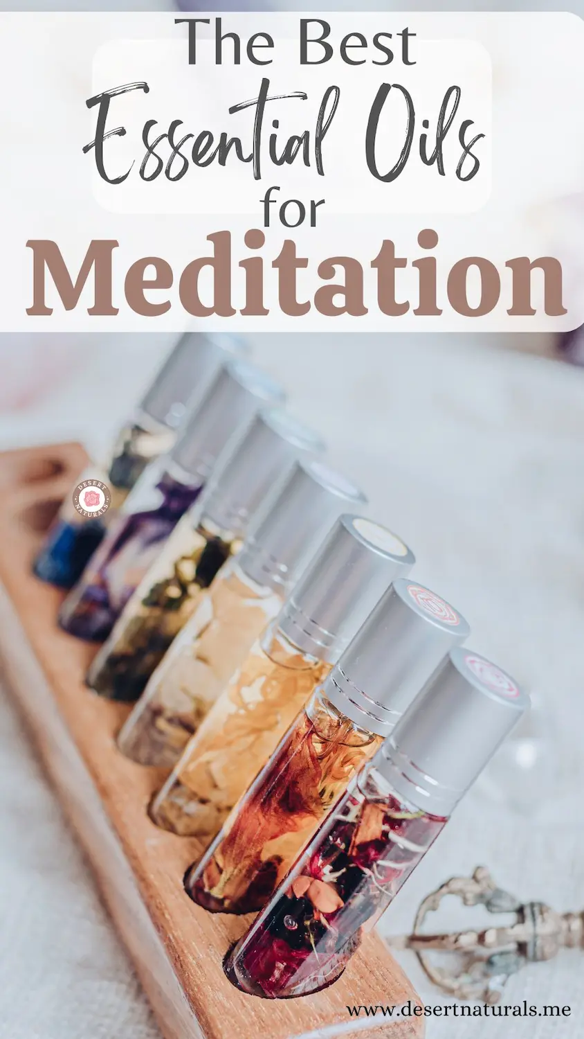 Best Essential Oils for Meditation, Diffuser Blends & Recipes 12 a row of pretty essential oil rollers and text overlay the best essential oils for meditation