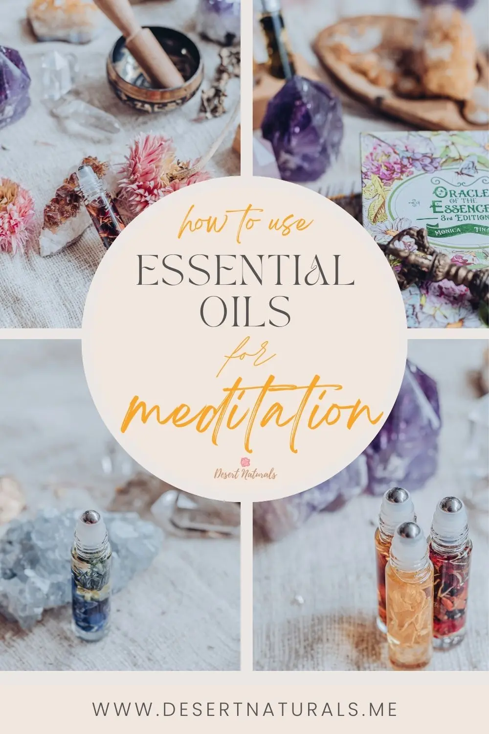 photo of crystals and essential oil with text how to use essential oils for meditation