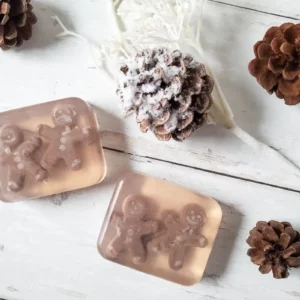 photo of homemade Gingerbread melt and pour soap with Christmas pine cones in the background