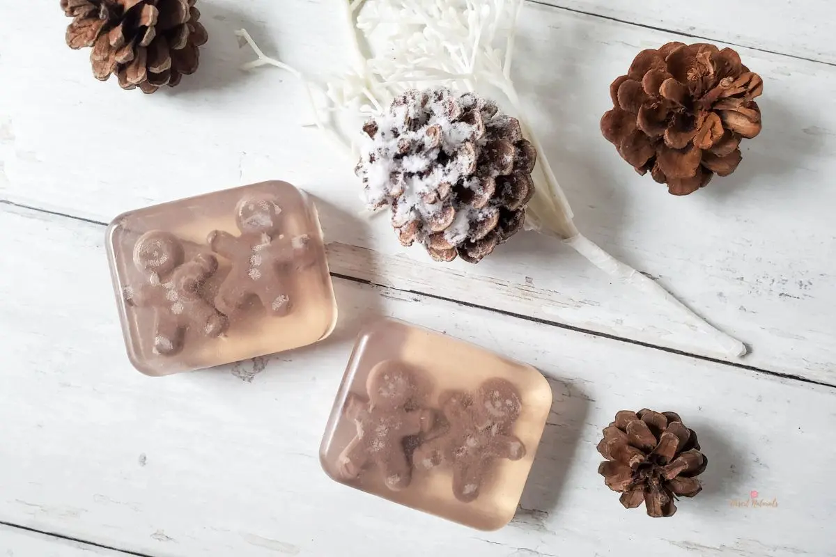 photo of homemade Gingerbread melt and pour soap with Christmas pine cones in the background