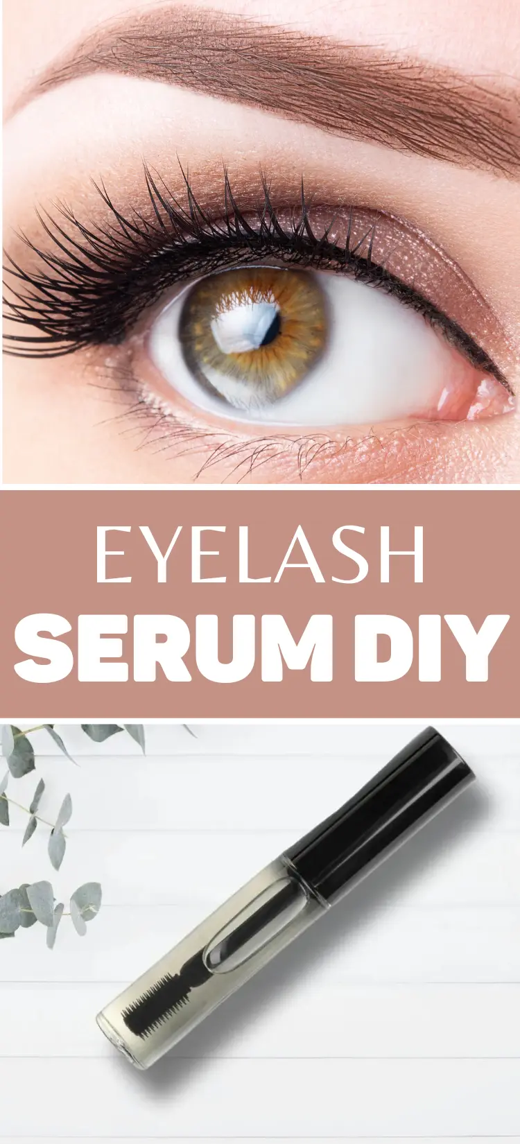 photo of woman's eye with long lashes and text for eyelash serum diy