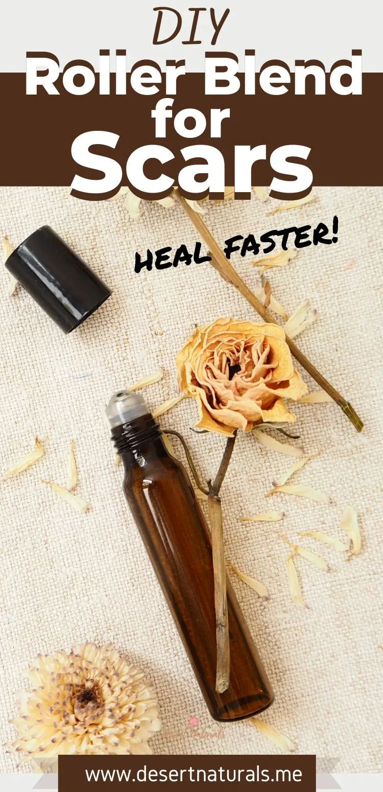 image of essential oil roller and pretty dried flower + text diy essential oil roller scar blend