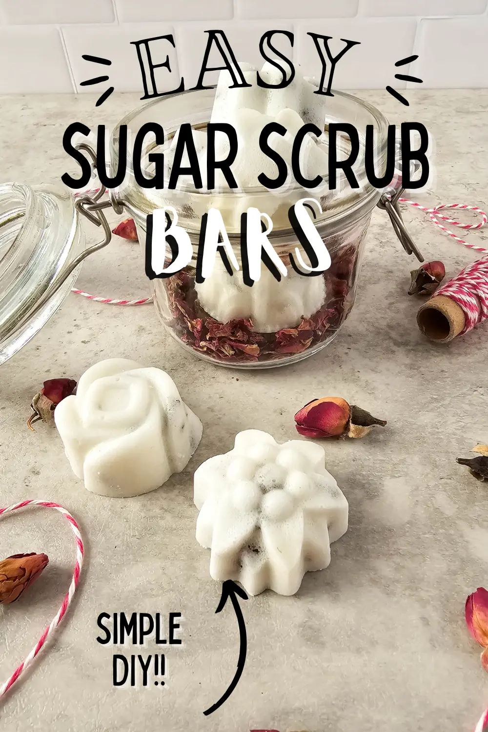 image of homemade diy rose sugar scrub bars and text