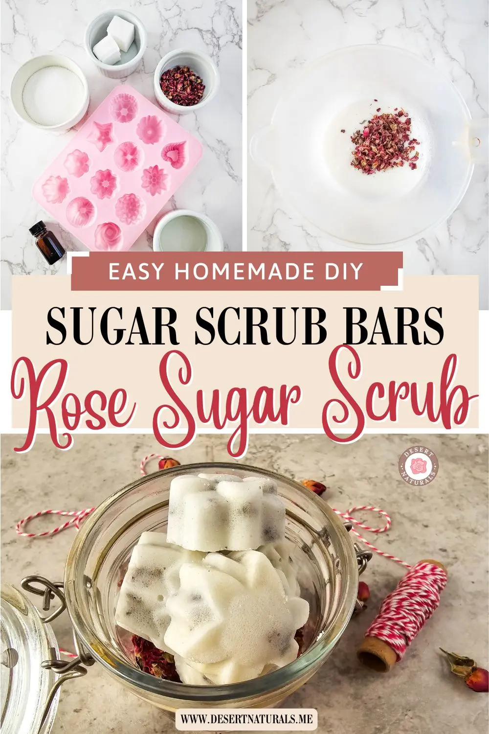 collage of homemade rose sugar scrub bars