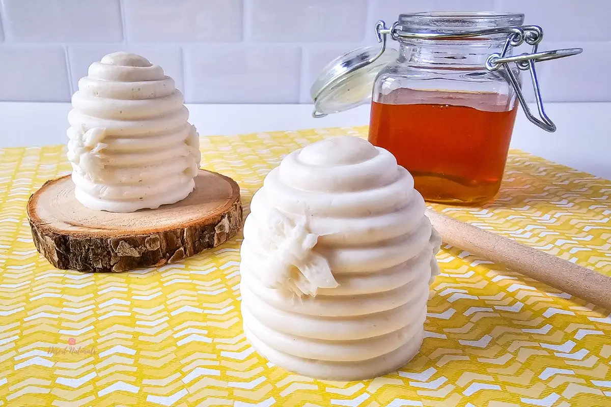 photo of homemade honey bee shea butter soap in the shape of a beehive