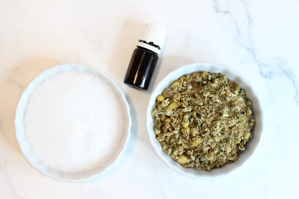 photo of ingredients needed to make homemade chamomile bath salts