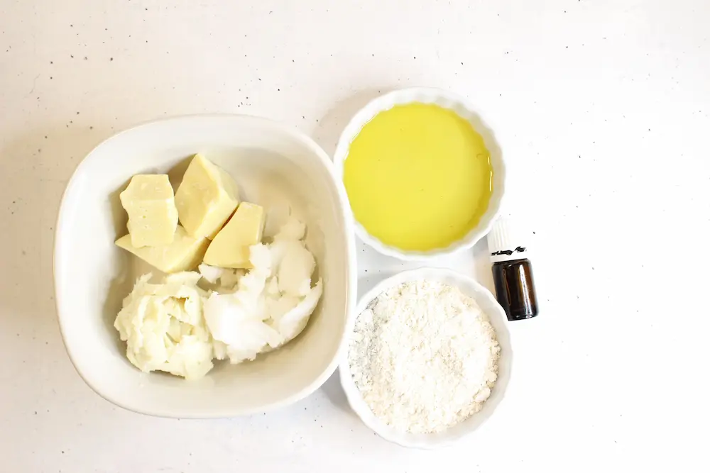 photo of the supplies needed to make diy oatmeal body butter