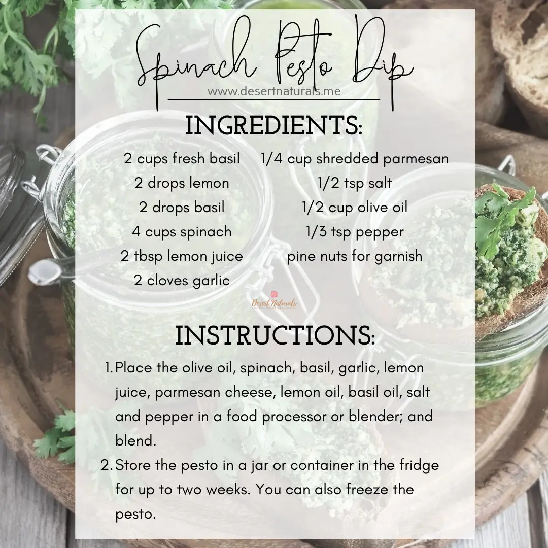 recipe for spinach pesto dip with basil essential oil