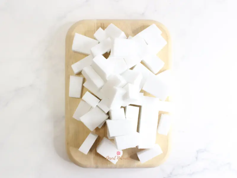 photo of cut up melt and pour soap to prepare for melting it to make homemade shampoo bars