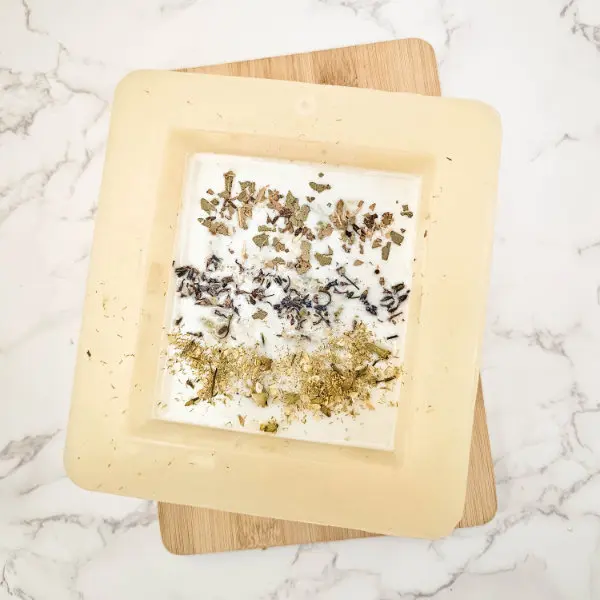 photo of homemade diy lavender eucalyptus oatmeal soap with dried herbs in rows before cutting