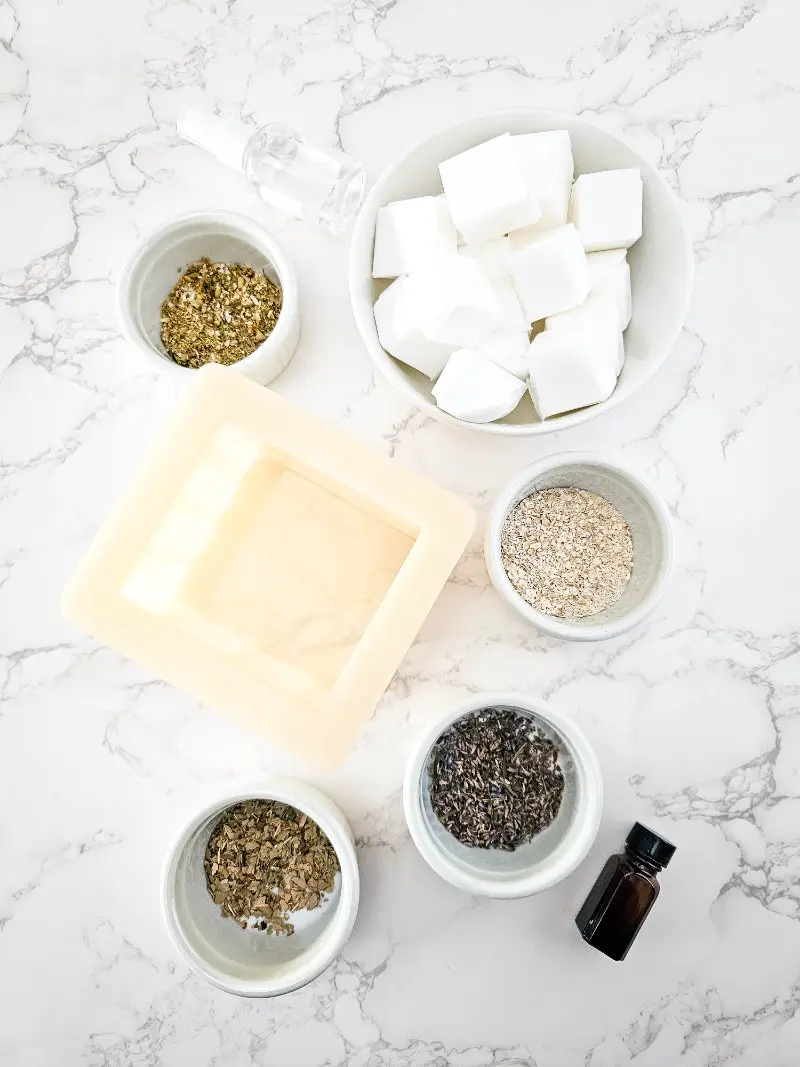 photo of ingredients and supplies for making lavender eucalyptus chamomile soap bars