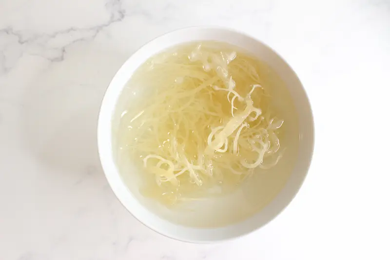 view of sea moss gel after soaking 8 hours in a bowl of water