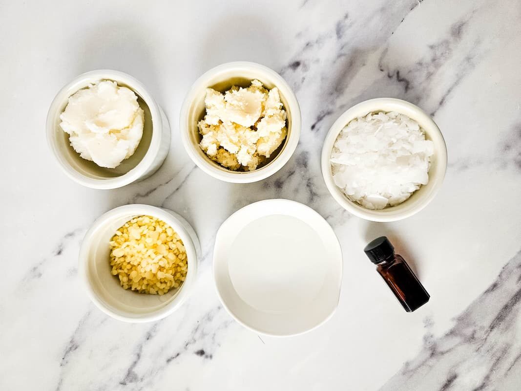 bowls of ingredients needed to make diy homemade magnesium lotion