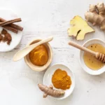 bowls of pumpkin, cinnamon, honey and turmeric for a diy pumpkin spice facemask