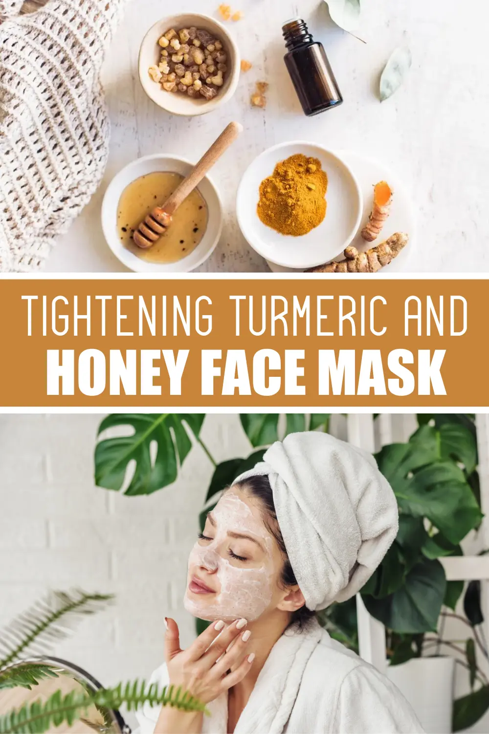 a woman applying a turmeric and honey face mask and bowls of ingredients
