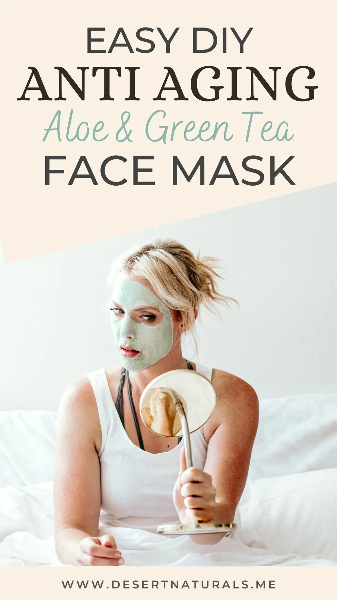 a woman with an anti aging diy aloe and green tea face mask on her face lookin into a handheld mirror
