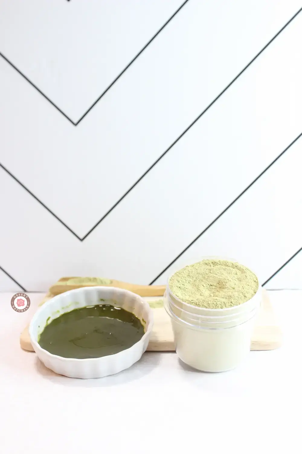 bowls of ingredients for a homemade matcha green tea face mask