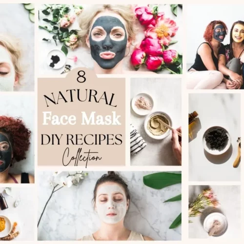 Collage of women with natural face masks and bowls of ingredients to make homemade face masks