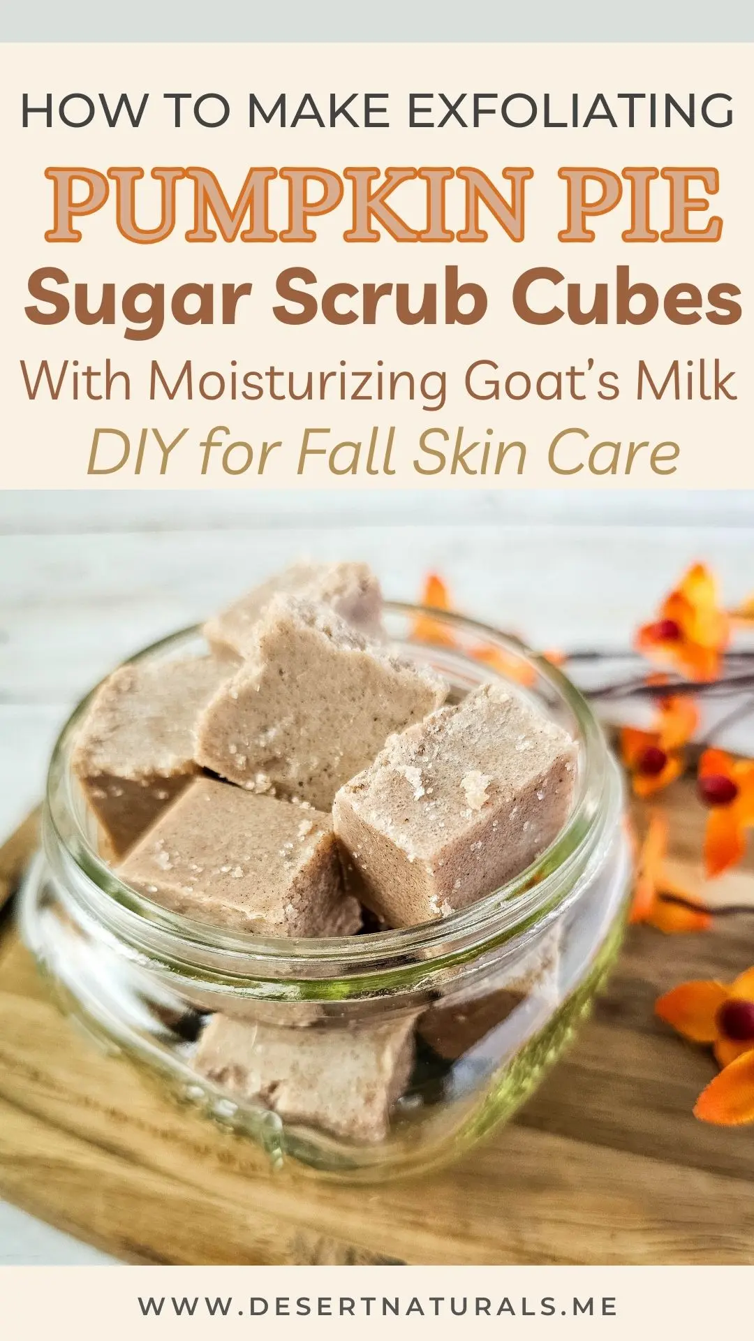 homemade pumpkin pie sugar scrub cubes in a glass jar