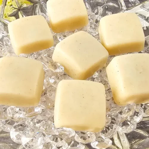 homemade vanilla bean lotion bars on a crystal plate