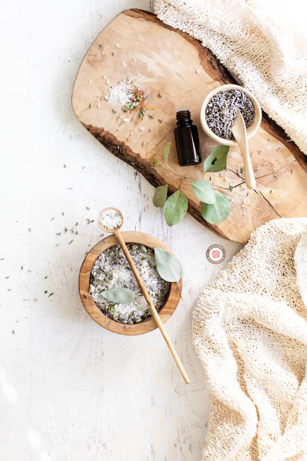bowls of bath salts, lavender and essential oil to make lavender eucalyptus bath salts