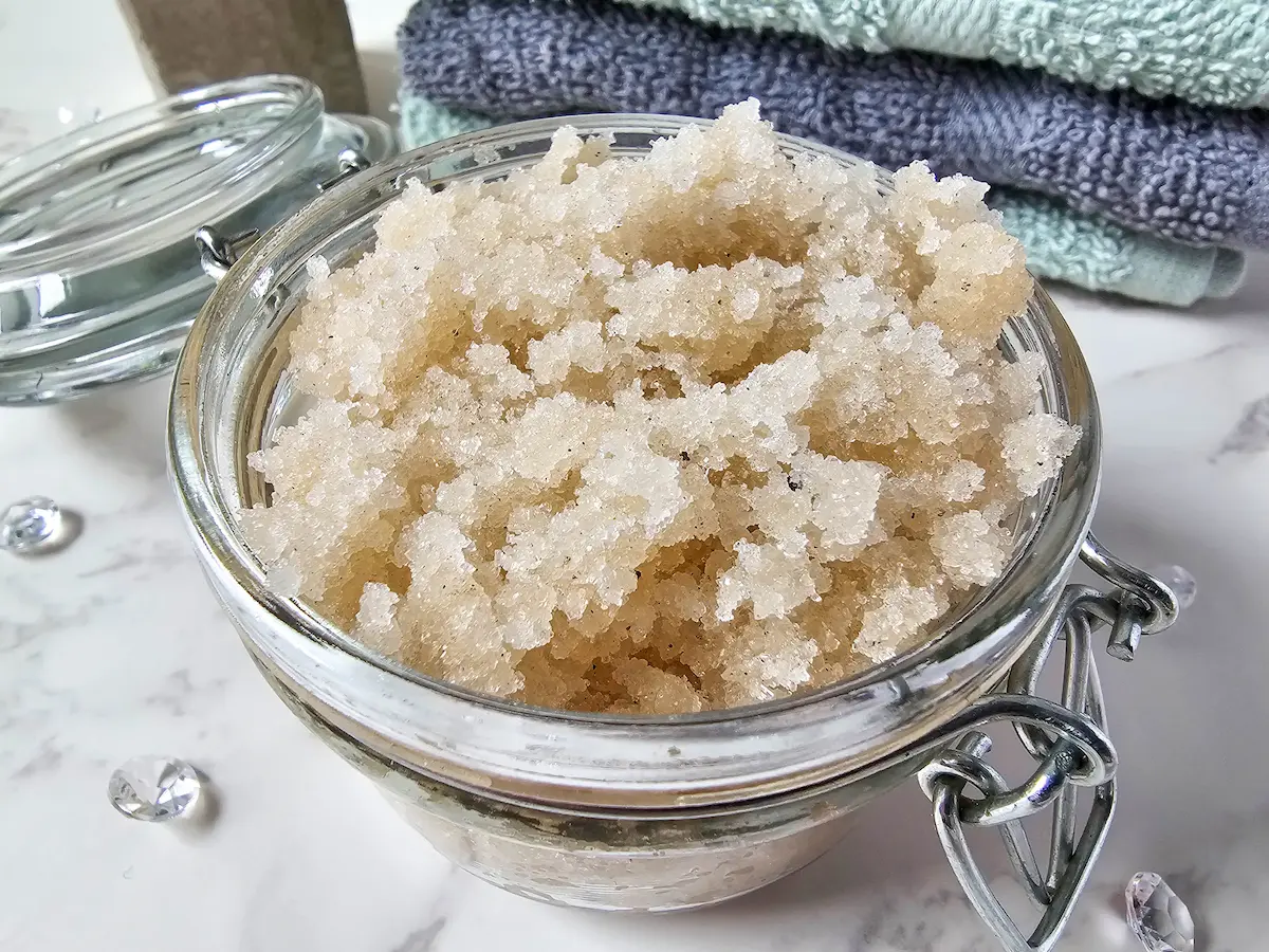 a jar of homemade vanilla orange sugar scrub