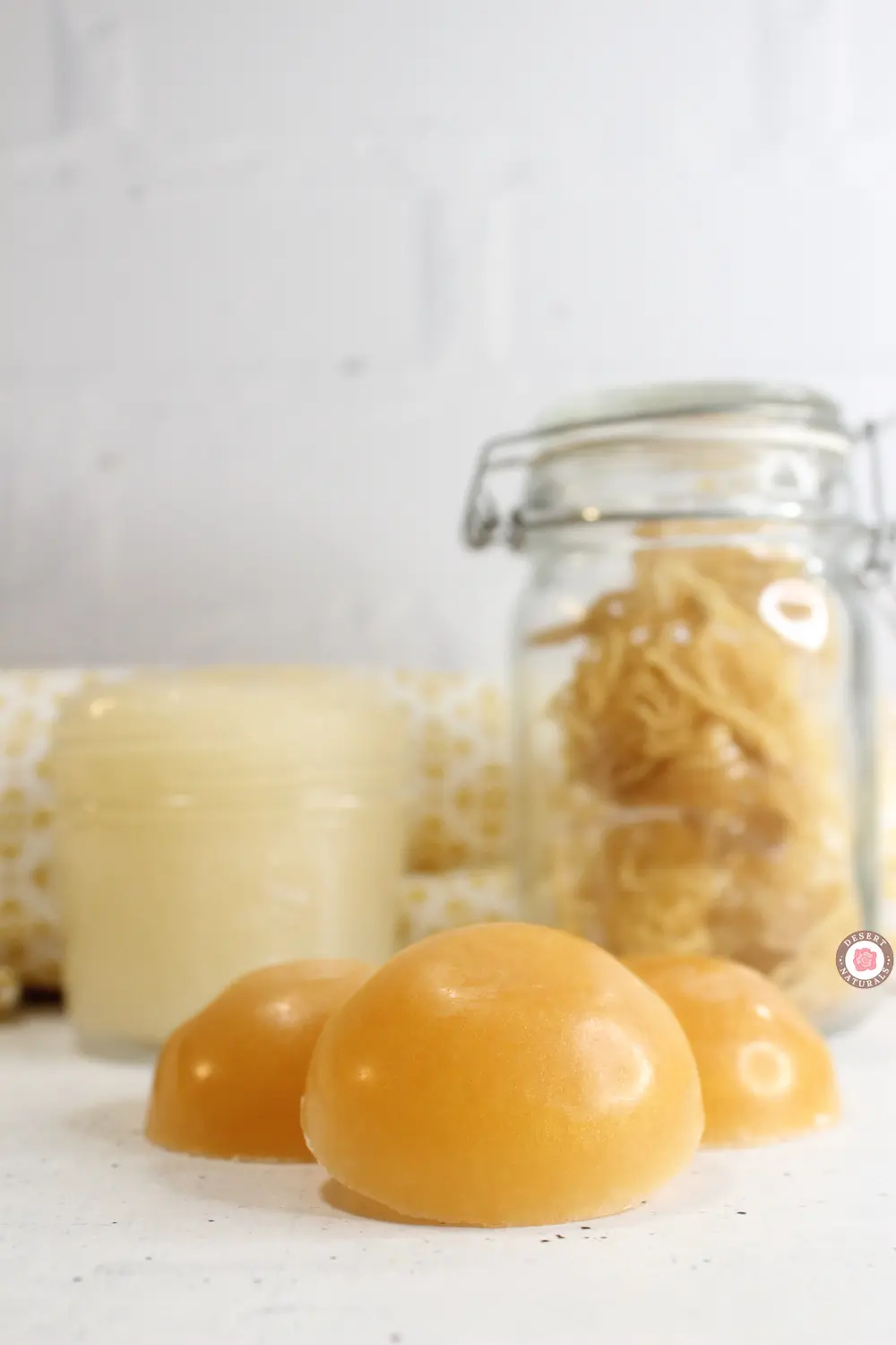 bars of homemade sea moss soap in front of a jar of homemade sea moss gel and dried sea moss