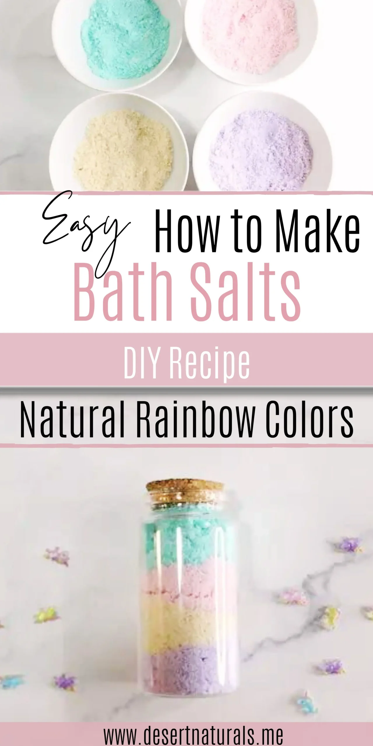 text easy how to make bath salts diy recipe with natural rainbow colors and image of rainbow bath salts in jar