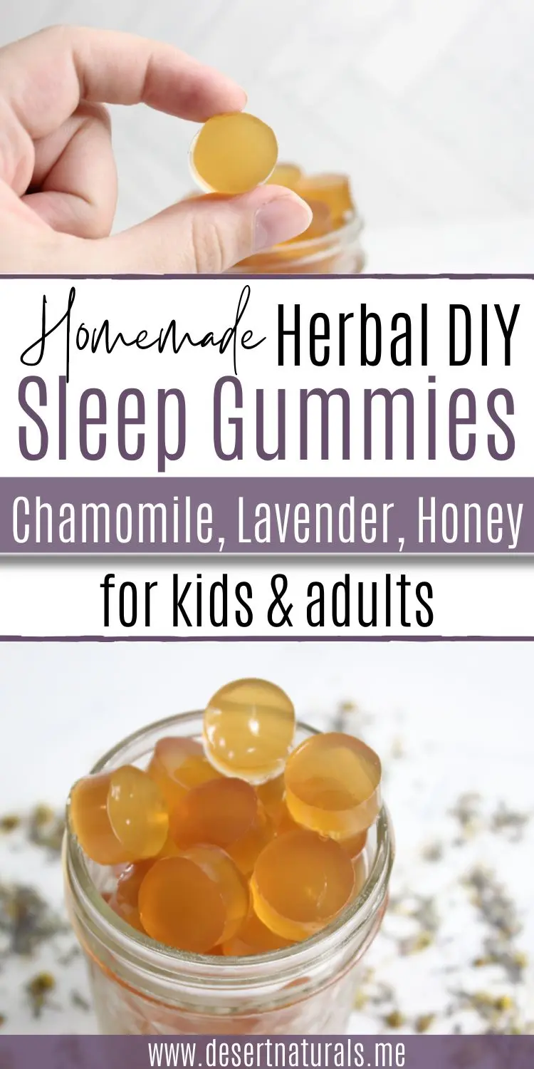 jar of homemade sleep gummies with chamomile and lavender herbs