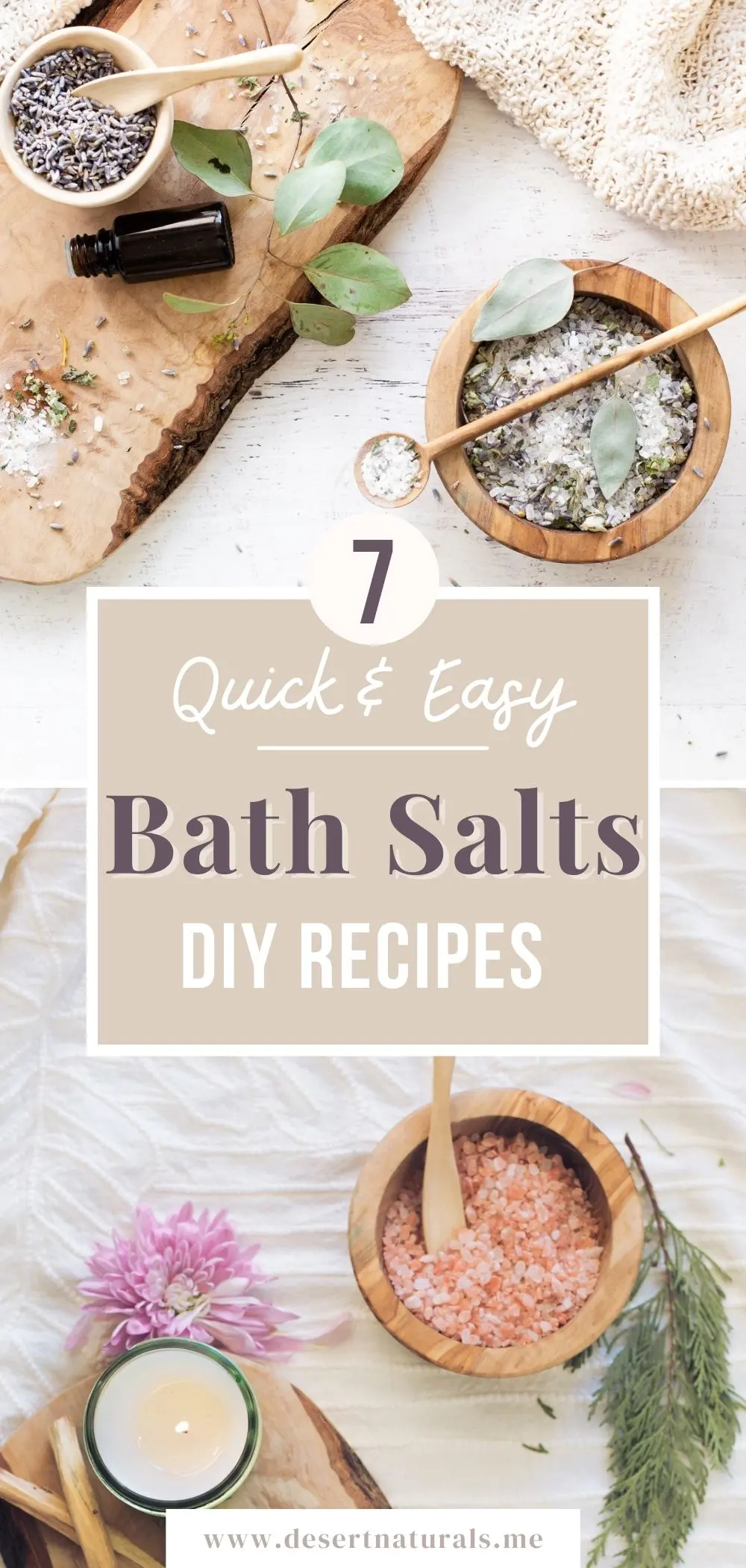collage of homemade bath salts with text 7 quick and easy bath salts diy recipes
