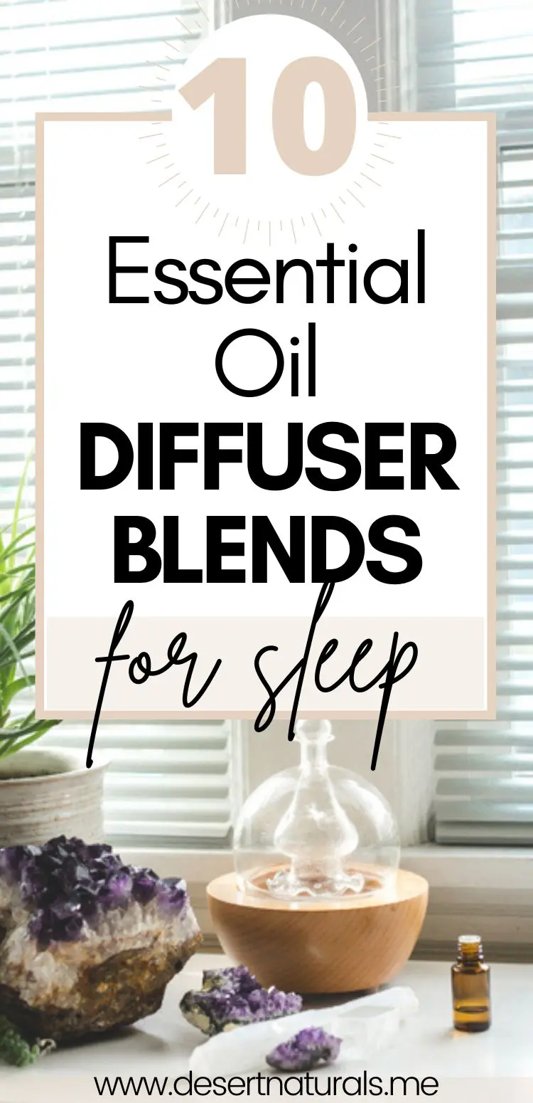 image of essential oil diffuser and amethyst crystal with text 10 essential oil diffuser blends for sleep