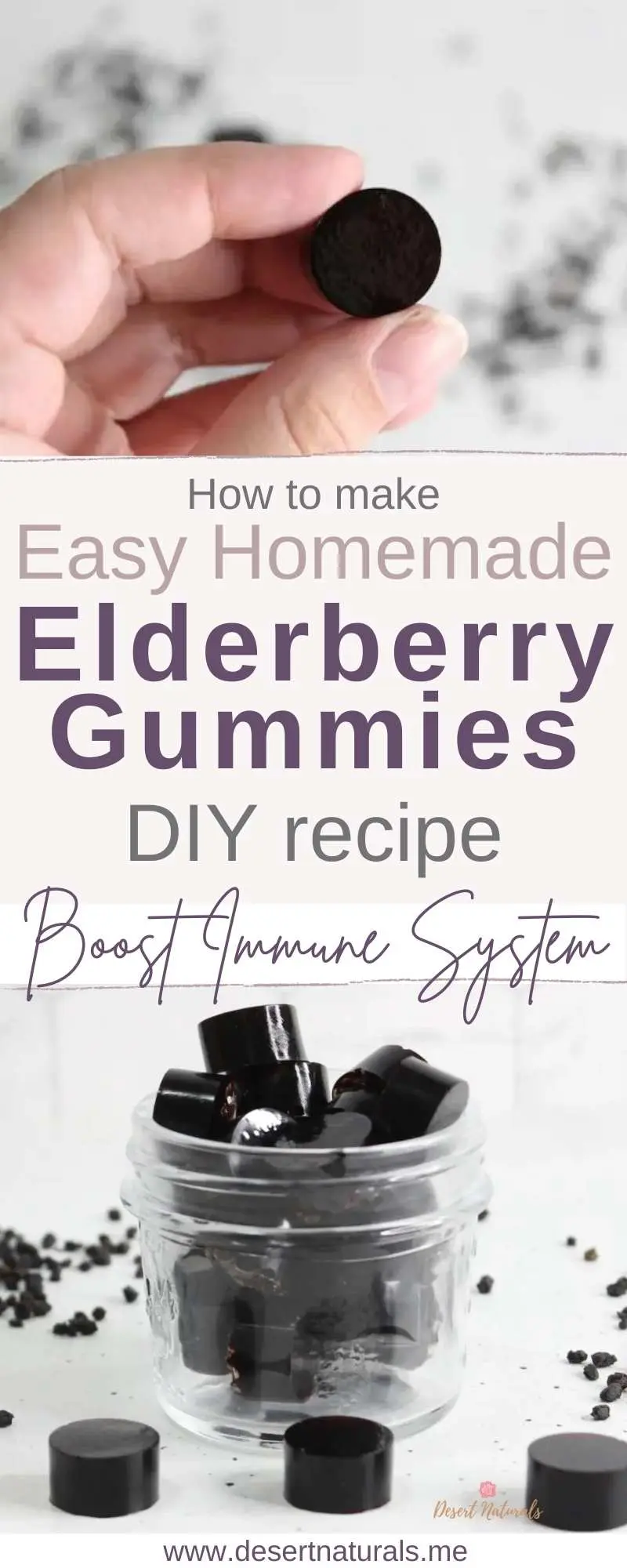 glass mason jar of homemade elderberry gummies with text