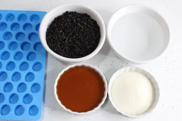 bowls of supplies and a silicone mold needed to make homemade elderberry gummies