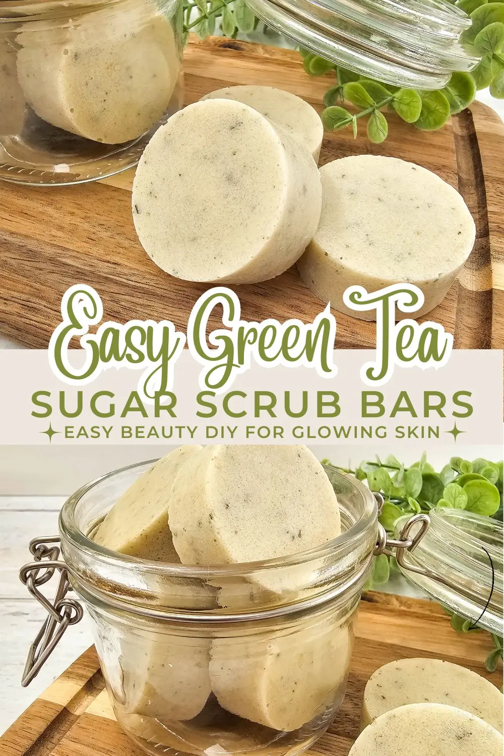 glass jar filled with homemade green tea sugar scrub bars