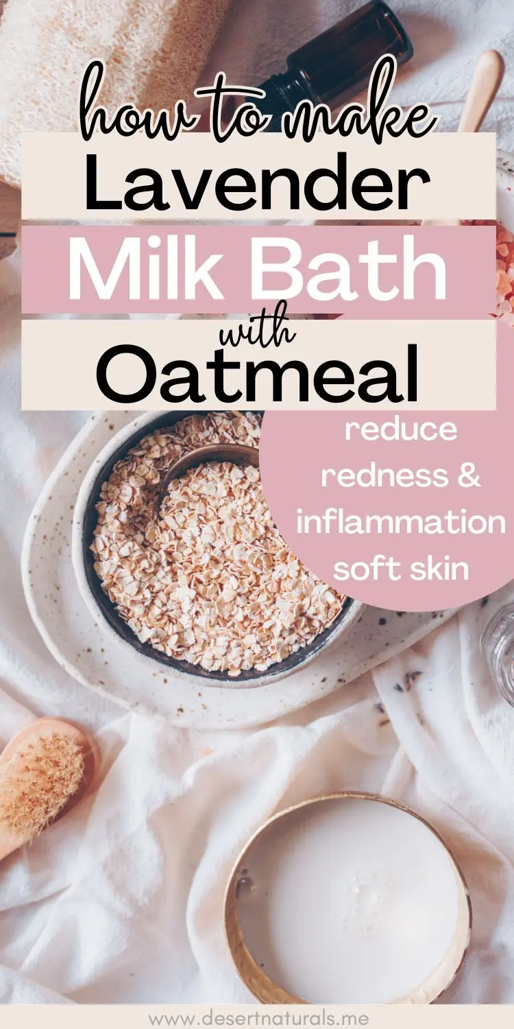 a bowl of oatmeal, milk and lavender essential oil on a white cloth with text how to make a lavender milk bath