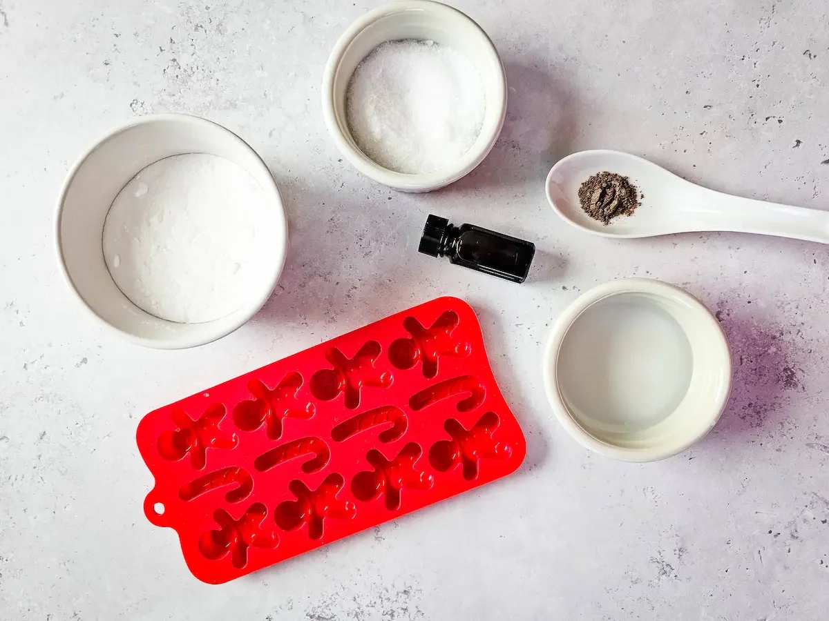 supplies and ingredients needed to make gingerbread shower bombs