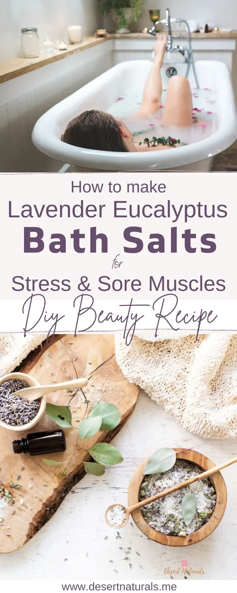 bowl of epsom salts, dried eucalyptus and lavender flowers, bottle of essential oil and a woman in a bath