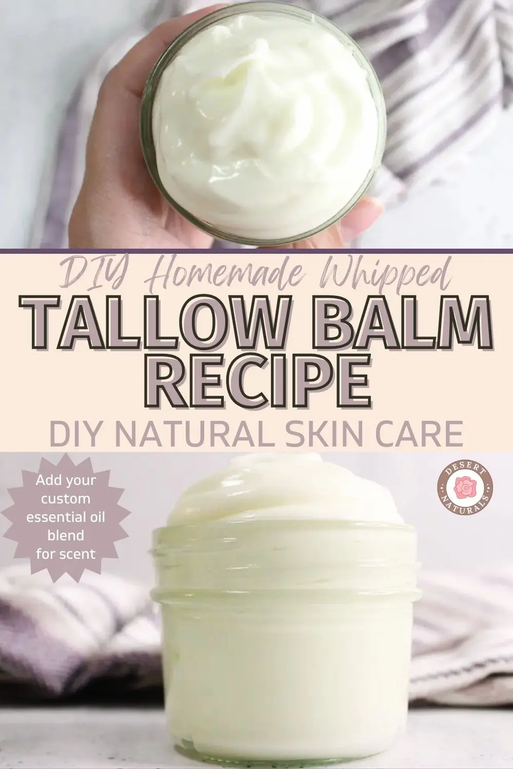glass jar of homemade diy whipped tallow balm with essential oil for natural skin care