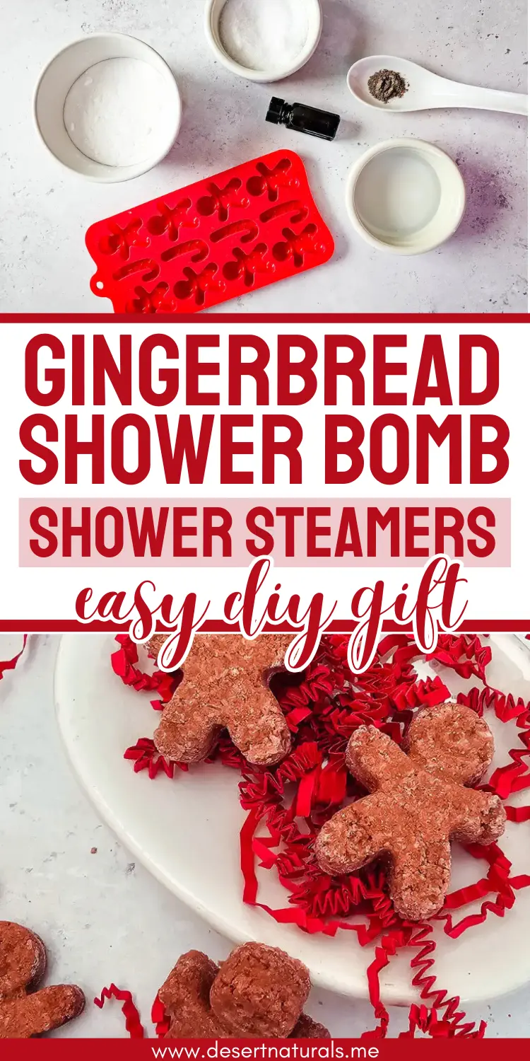 homemade gingerbread shower steamers and bowls of ingredients and essential needed to make the shower bombs